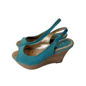 ANA platform cork high heel sandals wedges blue canvas open toe wms 7.5M